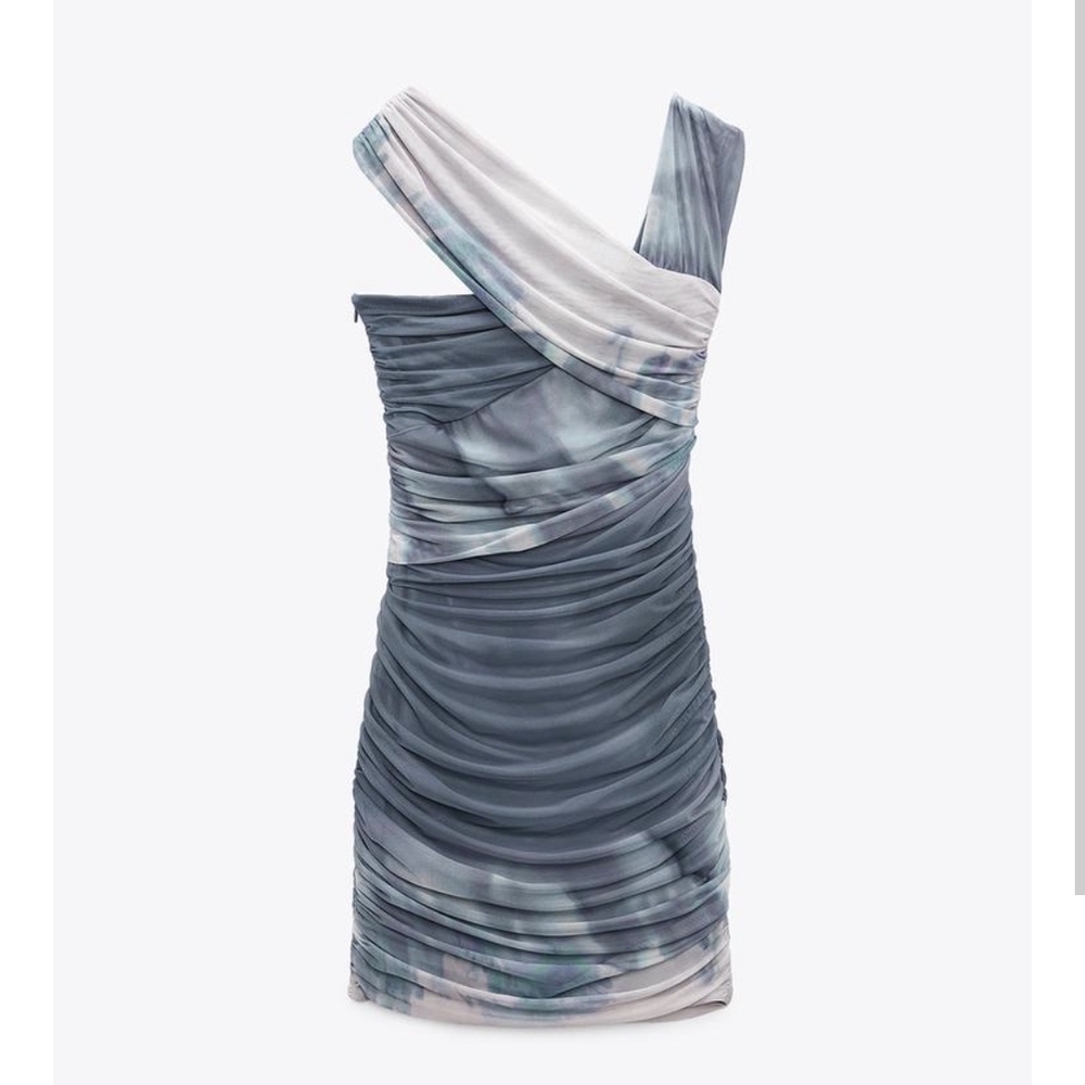 SOLD Zara One-Shoulder Dress in Blue and Gray